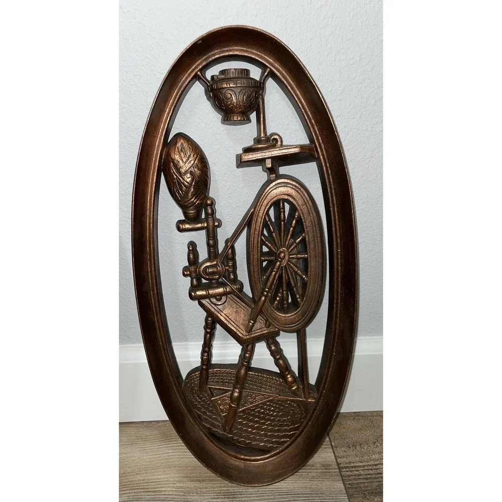 Vtg 1965 Burwood Wall Plaques 4364 & 4365 Oval‎ Spinning Wheel Rocking Chair Cat